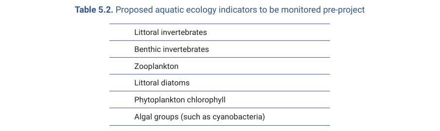 Table 5.2. Proposed aquatic ecology indicators to be monitored pre-project